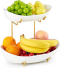 2 Tier Ceramic Fruit Bowl for Kitchen Counter, Tiered Fruit Basket for Countertop, Modern Multi Layer Fruit Display Stand for Party, Cute (Gold&White, Large)