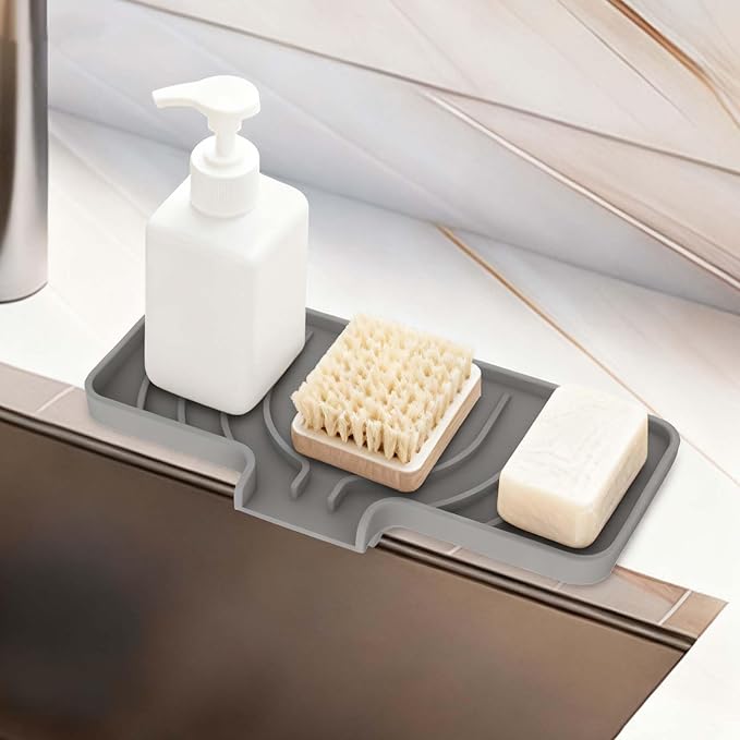 GUUKIN Sponge Holder for Kitchen Sink, 9.8"×4.9" Scrub Daddy Holder, Silicone Sponge Holder, Soap Tray with Drain, Suitable for Kitchens & Bathrooms (Grey)