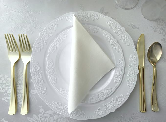 " OCCASIONS " 240 Plates Pack,(120 Guests) Vintage Wedding Party Disposable Plastic Plates Set-120x10.25'' Dinner +120x7.5'' Salad/Dessert Plate (Portofino Plain White)