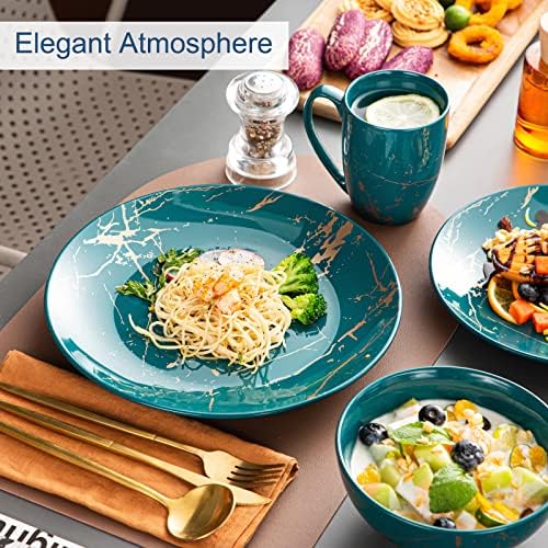 LOVECASA Porcelain Dinnerware Sets for 4, 16 PCS Plates and Bowls Set, Color Glaze with Gold Plate Dish Set, Dinner Sets with Dinner Plates, Dessert Plate, Bowls and Mugs, Dark Green - Image 5