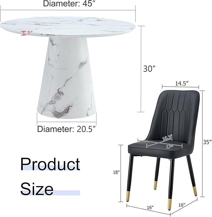 Round Dining Table Set for 4, 45" Modern Faux Marble Kitchen Table and Upholstered Chairs, 5 Piece Small Circle Dinette Set for Dining Room, Kitchen (White Set)