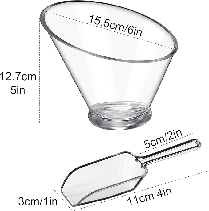 Sawysine 12 Pcs Acrylic Clear Serving Bowls with Plastic Kitchen Scoops Salad Serving Bowls Popcorn Scoops Angled Candy Bowl for Salad Cooking Parties(19 oz)