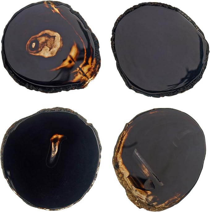 Luxury Lane Set of 4 Large Natural Brazilian Agate Slice Geode Rock Stone Drink Coasters with Wood Holder 4.3-4.7 inch Centerpiece Table Decoration, Black Space