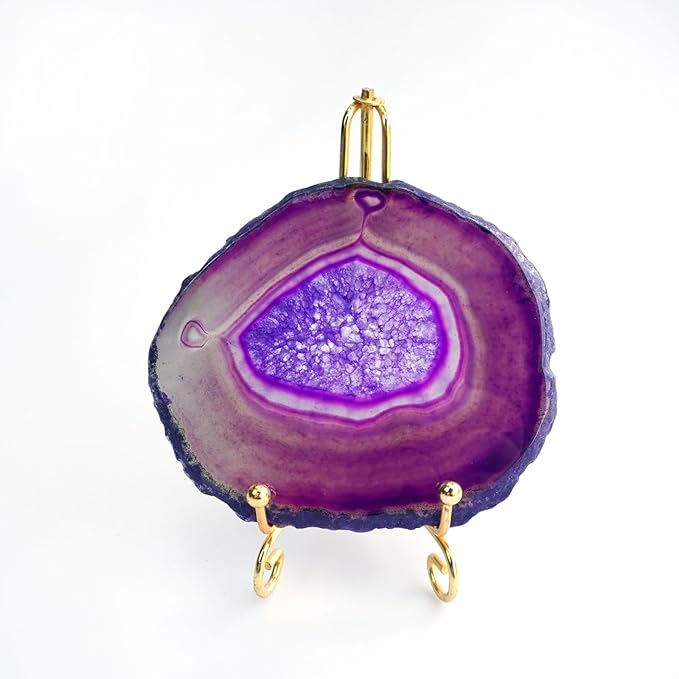Purple Agate Slices Large Crystal Geode Coasters Set of 4 with Rubber Bumpers - Unique 4-5 Inch Dyed Stone Drink Cup Coasters for Home Decor, Coffee Table, Bar Accessories