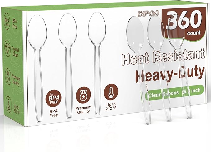 360pc 6.8" Clear Plastic Spoons Heavy Duty with Heat Resistant & BPA Free, Solid and Durable Plastic Cutlery, Premium Disposable Spoons for Party Supply