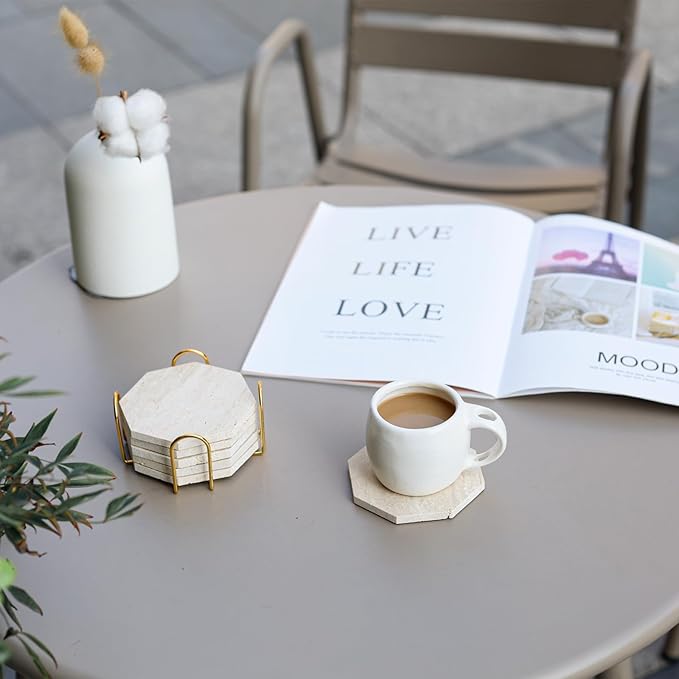 Octagonal Travertine Coasters Set of 6 with Gold Holder, Farmhouse Rustic Neutral Style Coaster for Home Table Decor, Porous Natural Travertine Absorbent Drink Coasters, Velvet Backed