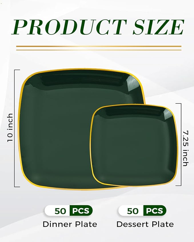 bUCLA 100PCS Green and Gold Plastic Plates - Heavy Duty Square Green Disposable - Include 50 Dinner & 50 Dessert Plates for Party & Christmas