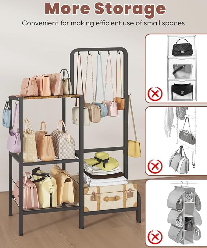 Floor-Standing 3-Tier Purse Organizer, High-Capacity Bag Holder with 8 Hooks, Multi-Functional Purse Rack for Various Bags, Handbag Display Stand Shelf for Closet, Bedroom, Entryway, Black