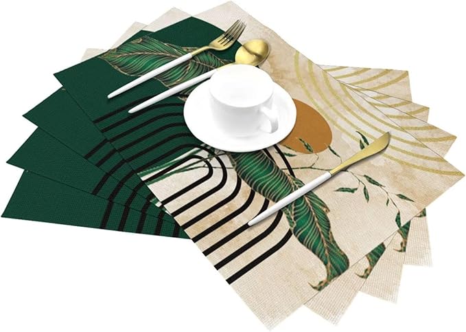Abstract Emerald Placemats Minimalist Modern Contemporary Aesthetic Vintage Arch Neutral Washable Place Mats 12x18Inch for Dining Kitchen Farmhouse Decor 6 PCS