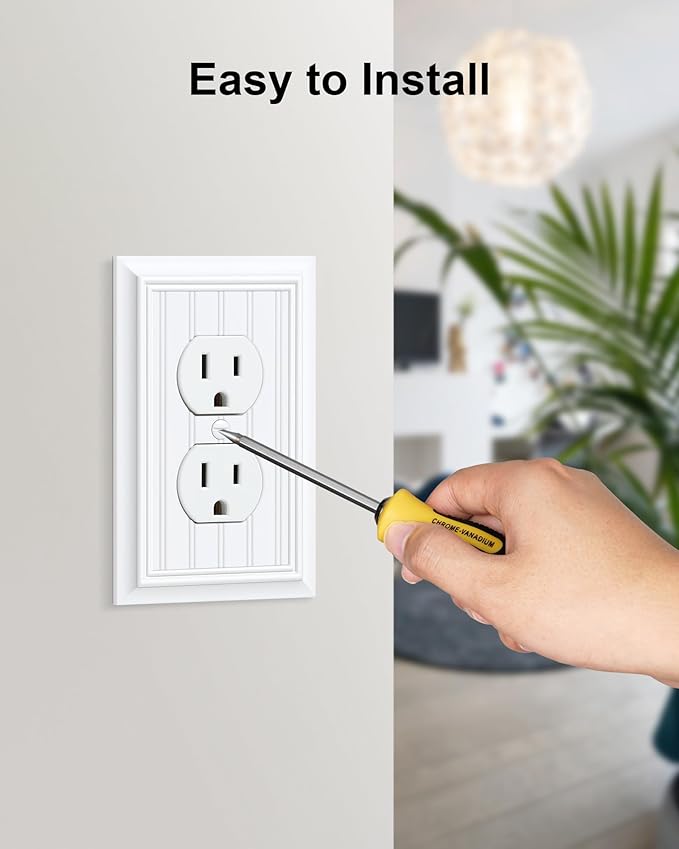 4-Pack Classic Beadboard Duplex Outlet Cover Plate, Decorative Pure White Switch Plates and Outlet Covers, Natural Bamboo Fiber Wall Plates for Electrical Outlets, 1 Gang Receptacle Cover