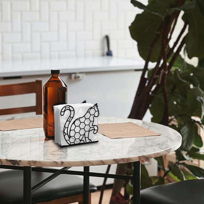 Hexagon Cat Decorative Black Metal Napkin Holder for Table, 4.9" x 4.7" x 2" Kitty Animal Standing Napkin Holder for Home Kitchen Restaurant Picnic Party Coffee Bar Dining Room