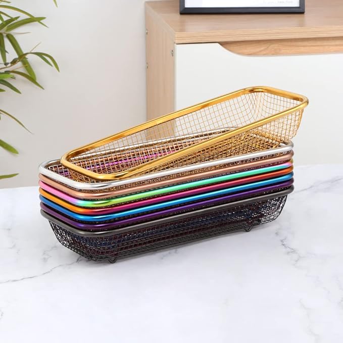 Kitchen Drawer Organizer, Stainless Steel Storage Container Metal Cabinet Storage Basket for Holding Silverware Kitchen Utensil, Pack of 2, Blue