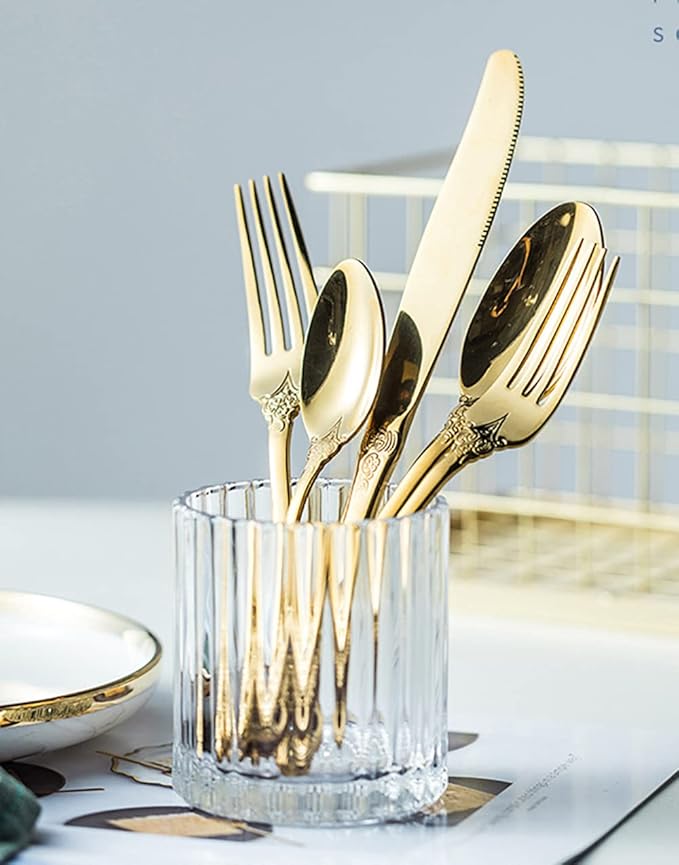 Gold Silverware Set for 16 Premium 18/10 Stainless Steel Flatware Set Palace Style 80 Piece Cutlery Tableware Utensils Embossed Decorative Handle Knives Forks and Spoons for Home Christmas Wedding