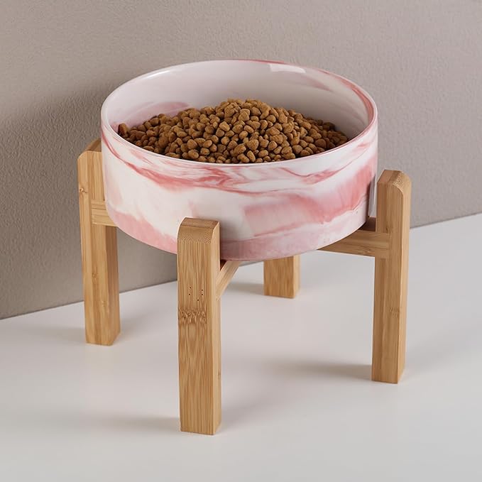 Elevated/Raised Dog Bowl Ceramic with Wood Stand for Small Medium Breed,Dog Food Water Dish Heavy, 6 in Non Slip Modern Cute Porcelain Pet Bowl Marble Pink