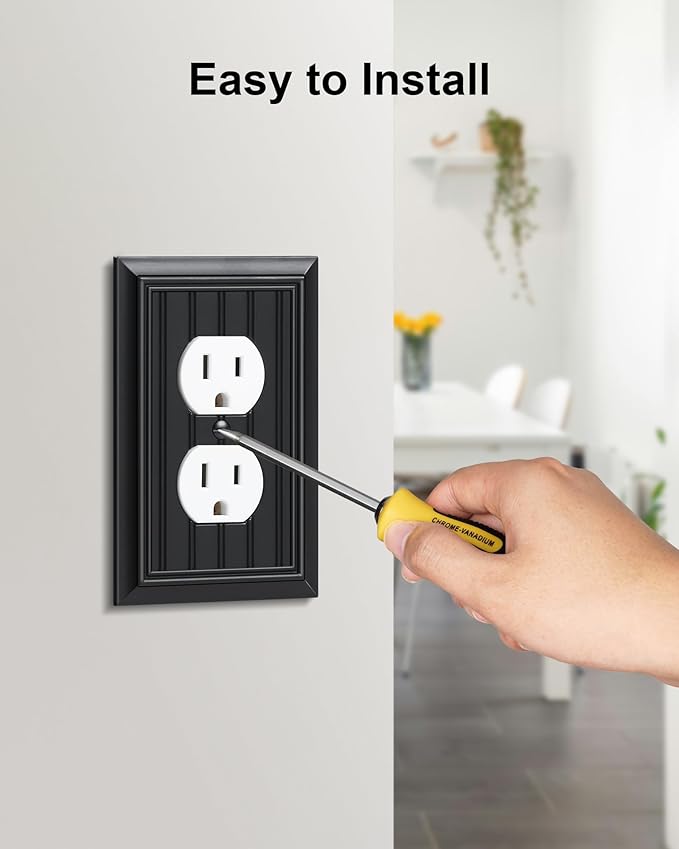 6-Pack Classic Beadboard Duplex Outlet Cover Plate, Decorative Matte Black Switch Plates and Outlet Covers, Natural Bamboo Fiber Wall Plates for Electrical Outlets, 1 Gang Receptacle Cover