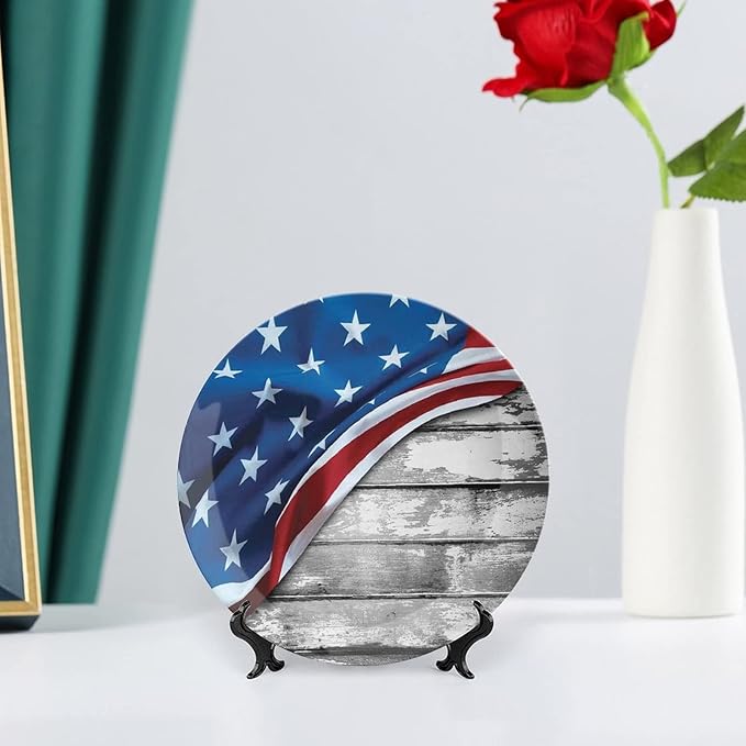 Decorative Plates, American Flag Decor Print Ornament, Flag Over Antique Rustic Rippled Board, 7 Inch, 1 Plate with 1 Display Stand, Grey Navy