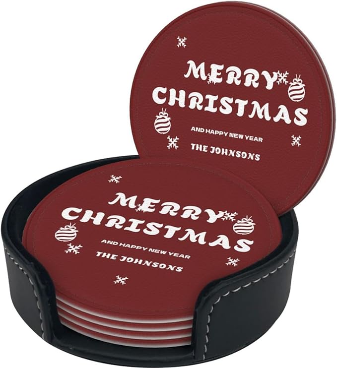 Customize PU Leather Coasters for Men, Red Custom Coasters with Last Name, Merry Christmas and Happy New Year Personalized Drink Coaster 6 PCS, Coaster Set with Holder, Gift for Christmas