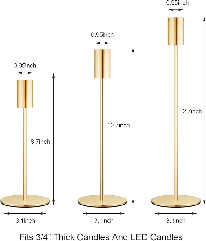 French Gold Candlestick Holders Set of 3, Decor Taper Candle Holder for Wedding, Dinning, Party,Fits 3/4 Inch Thick Candle