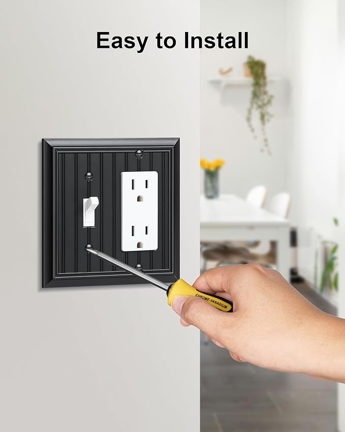 2-Pack Classic Beadboard Combo Toggle/Decorator Light Switch Cover Plate, Matte Black Decorative Electrical Outlet Covers, Durable Natural Bamboo Fiber Switch Plates and Outlet Covers