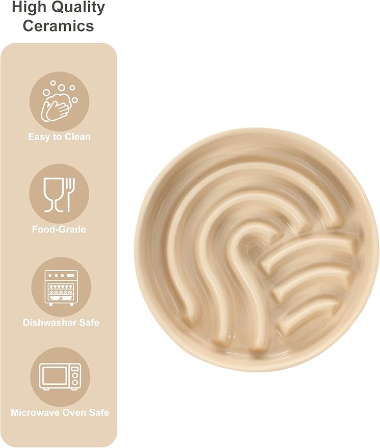 Ceramic Maze Dog Slow Feeder with Non-Slip Silicone Rim (& Bamboo Stand) – Heavy-Duty Stoneware Bowl with Puzzle Pattern for Bloating & Obesity Prevention (Raised-Apricot-M)
