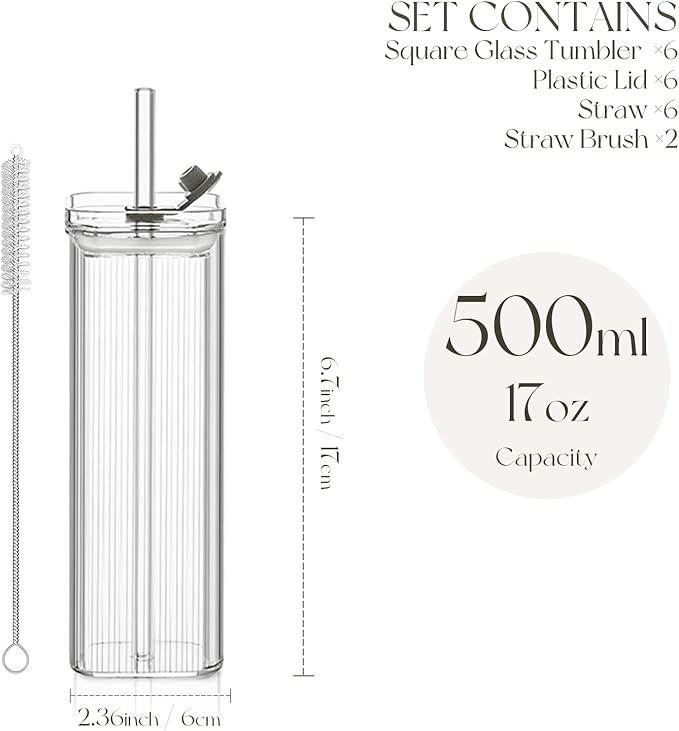 6 Sets Glass Cups with Lids & Straws, Square Ribbed Drinking Glasses with Lids, Clear Highball Tumblers for Cocktail, Coffee, Juice, Beer, Modern Mixed Drinkware Jars