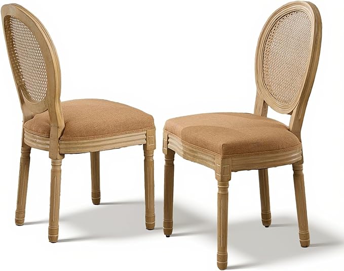 SoarFlash French Dining Chairs Set of 2, Vantage Dining Chair with Round Back, Wood Leg Farmhouse Country Rattan Dining Chair for Kitchen,Bedroom,Brown