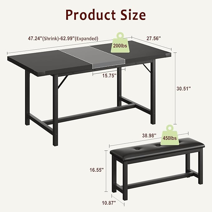 IDEALHOUSE 3-Piece Dining Table Set for 4-6 People, 63" Large Extendable Kitchen Table Set w 2 Soft Benches, Easy Assembly, Space Saving for Apartment, Small Space, Black