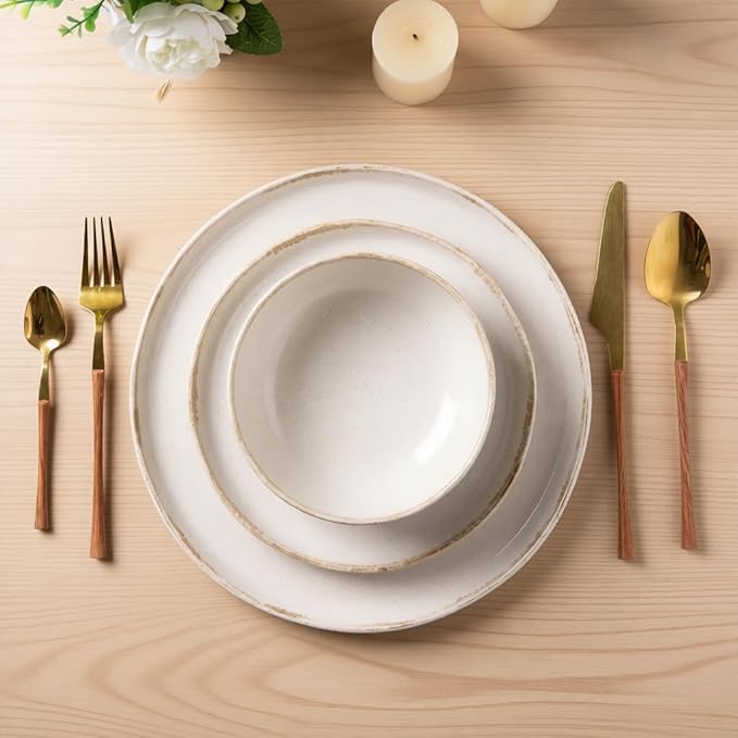 AmorArc Ceramic Dinnerware Sets, Wavy Rim Stoneware Plates and Bowls Sets, Highly Scratch Resistant | Dishwasher & Microwave Dishes set, Service for 6 (18pc)-Speckled Cappuccino