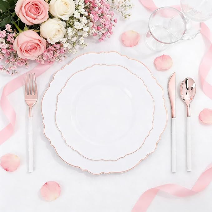 WDF 60pcs Rose Gold Plastic Plates-Baroque White &Rose Gold Disposable Plates including 30Plastic Dinner Plates 10.25inch, 30 Salad Plates 7.5inch for Wedding, Parties, Valentines Day