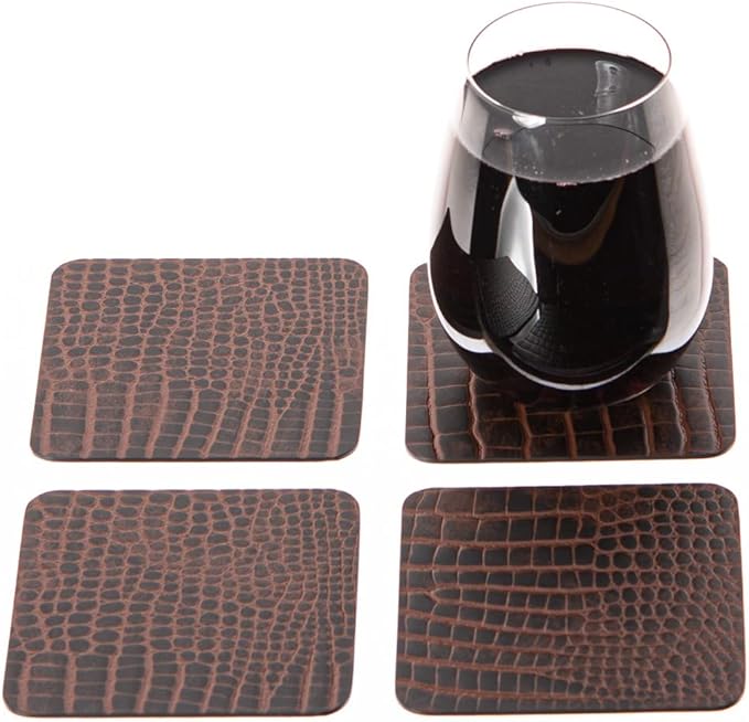 Nikalaz Set of 4 Placemats and 4 Coasters Made of Recycled Leather (18''x13'', Crocodile Embossing)