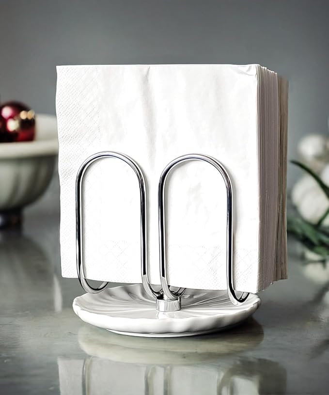 VROOMIUM Napkin Holder for Table, Effortless Cleaning Ceramic Base, 1 lb Weight, Silver Napkin Holders for Paper Napkins, Servilleteros para Mesas