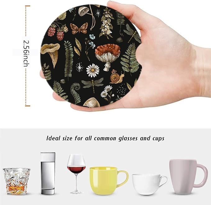 2 Pack Woodland Mushroom Car Coasters for Cup Holders Absorbent 2.56", Vintage Moth Witch Floral, Decoration Flower Wood Fern Leaf Herbs Botanical Ceramic Drink Coasters Cork Base Gift for Women Men