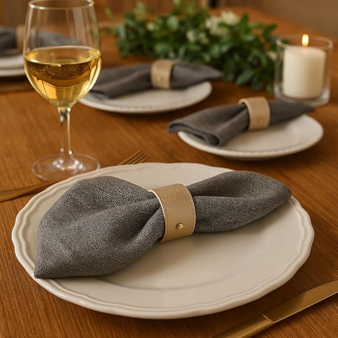 Luxury Leather Napkin Rings Set of 8, Champagne, Morgan Faux Style, Modern Cuff Design for Wedding Party Decorations, Kitchen, Holiday Table,Rust Proof,Hotel, Home, Table Accessories, Dining