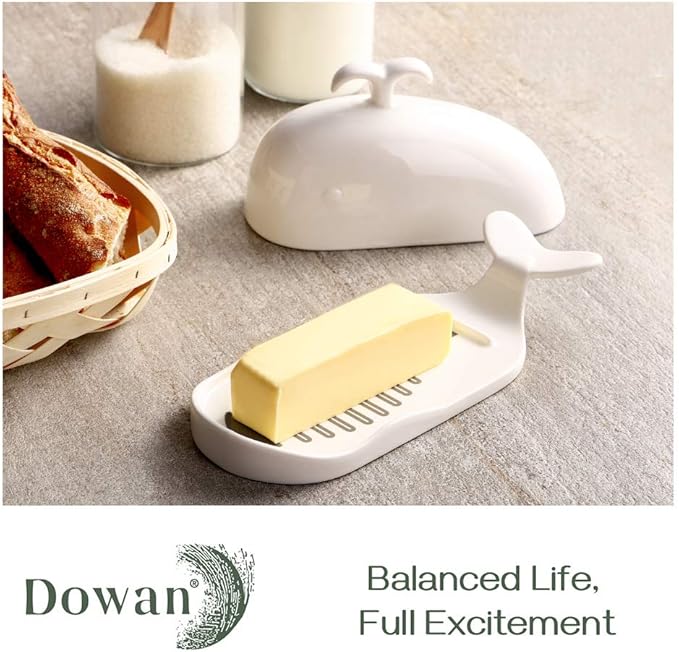 DOWAN Porcelain Butter Dish With Cutting Measuring Line, Large Whale Butter Dish with Cover of Non-slip Design, Ceramic Butter Dishes with Handle for East/West Coast Butter, Soft White