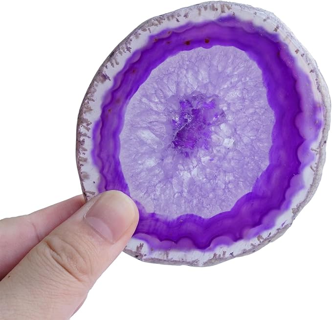 Purple Agate Slices Bulk Geode Coasters Set of 4 with Rubber Bumpers - Unique 3-4 Inch Dyed Stone Drink Cup Crystal Coasters for Home Decor, Coffee Table, Bar Accessories