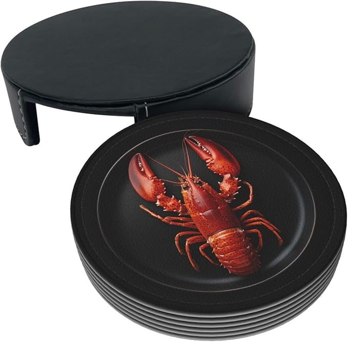 Lobster red Printed Leather Coasters for Drinks, Set of 6 Drink Coaster Dining Room Decor Cup Coasters