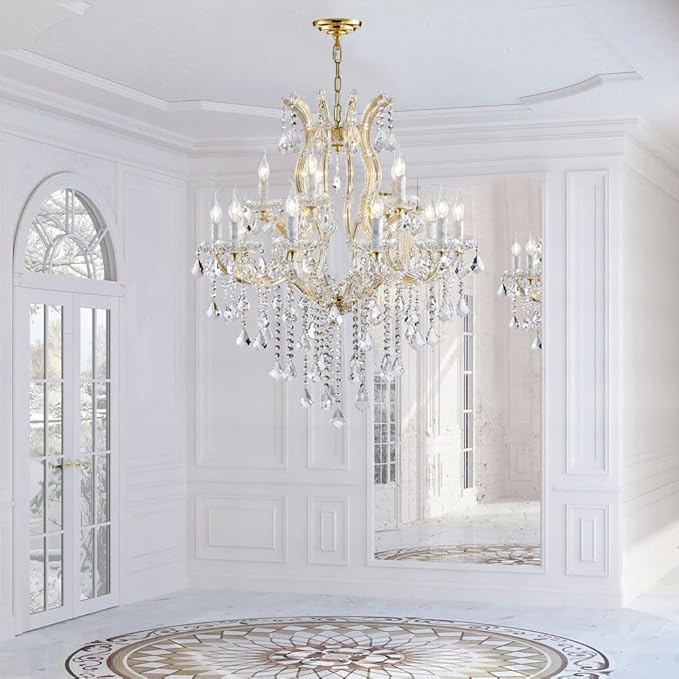 Modern Gold Chandelier Light Fixture - Large Maria Theresa Crystal Chandeliers for Dining Room, Kitchen Island, Living Room, Bedroom, 15 Lights, 2 Layers