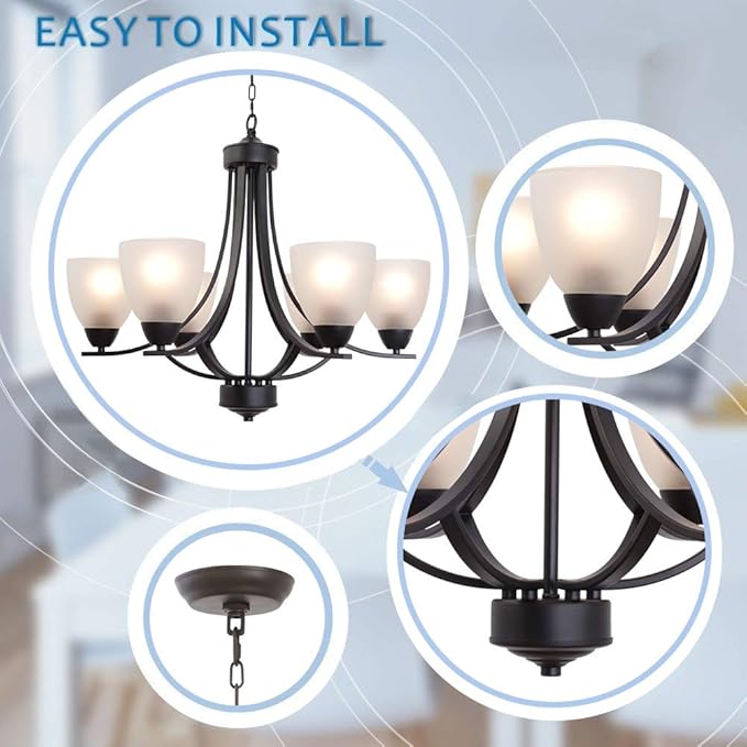 VINLUZ Contemporary Chandeliers 6 Light Black Modern Pendant Light Rustic Vintage Dining Room Lighting Fixtures Hanging, Flush Mount Ceiling Light for Bedroom Living Room
