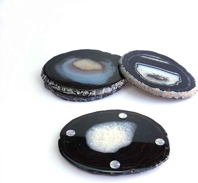 Black Agate Slices Bulk Geode Coasters Set of 4 with Rubber Bumpers - Unique 3-4 Inch Dyed Stone Drink Crystal Coasters for Home Decor, Coffee Table, Bar Accessories