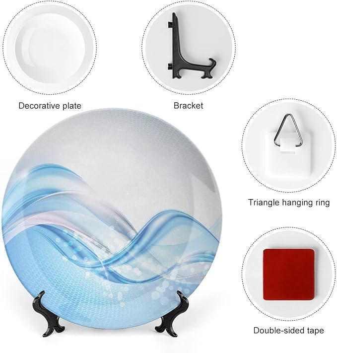 Decorative Plates, Abstract Print Ornament, Modern Wavy Ocean Surfer Summertime Themed, 7 Inch, 1 Plate with 1 Display Stand, Pale Blue and White