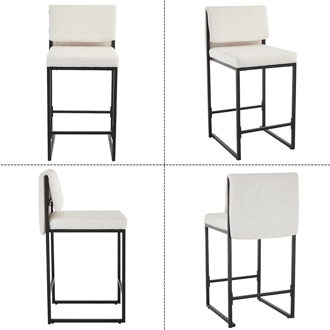 Modern Barstools Set of 4, 26” Upholstered Counter Height Bar Stools Linen Fabric Counter Stools with Padded Back Metal Frame for Kitchen Island Dining Room, Beige