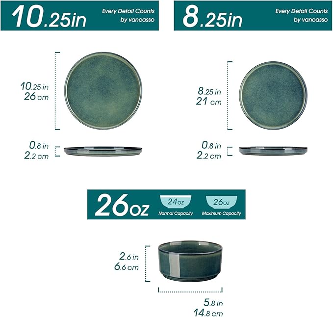 vancasso Plates and Bowls Sets for 6, 18 Pieces Green Dinnerware Sets for Kitchen, Modern Stoneware Dishes Set, Dishwasher and Microwave Safe, Series Starry