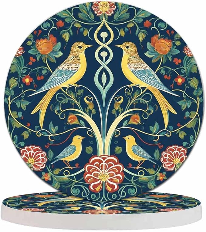 Vintage Flowers and Birds Cup Coasters Set of 2 Colorful Symmetry Pattern Tribal Floral Foliage Paisley Wooden Table Apartment Decor 100% Diatomite for Drinking Glasses,4 Inches