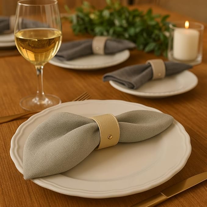Luxury Leather Napkin Rings Set of 8, Beige, Morgan Faux Style, Modern Cuff Design for Wedding Party Decorations, Kitchen, Holiday Table,Rust Proof,Hotel, Home, Table Accessories, Dining