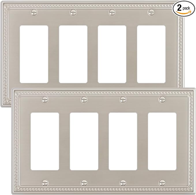 2-Pack Quad Decorator Outlet Cover Plate, Pearls Decorative Switch Plates and Outlet Covers, 4 Gang Brushed Nickel Metal Wall Plates, Corrosion Resistant