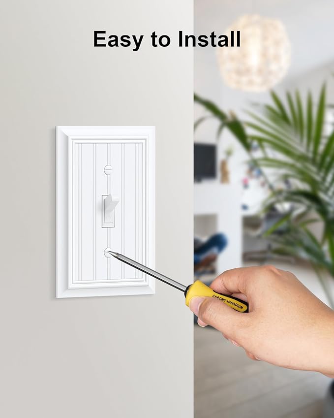 4-Pack Classic Beadboard Single Toggle Light Switch Cover Plate, Durable Natural Bamboo Fiber Decorative Switch Plate Covers, Pure White 1 Gang Wall Plate