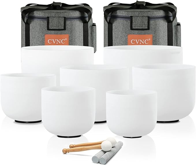 CVNC 432HZ 6-12 Inch Set Of 7 PCS Frosted Chakra Quartz Crystal Singing Bowls for Sound Healing with 2 PCS Travel Carry Case Bag