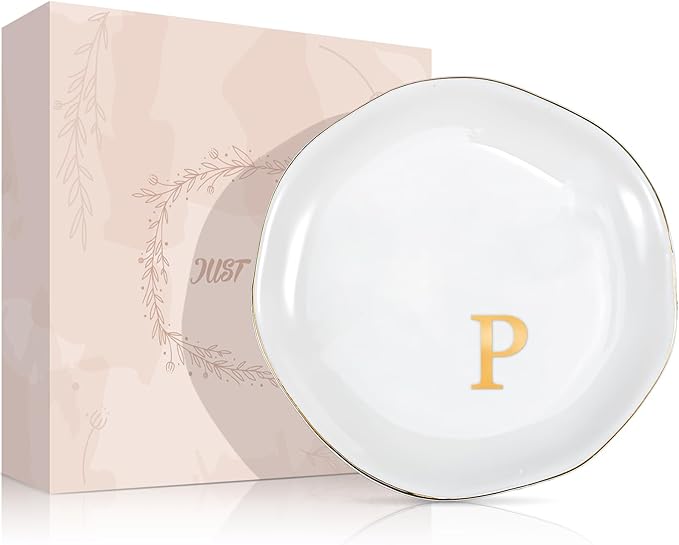 ProCase Ceramic Jewelry Tray, Initial Ring Dish Trinket Plate Engagement Gift, Small Personalized Monogram Ring Bowl for Wedding, White Decorative Jewelry Holder for Women Vanity -Letter P