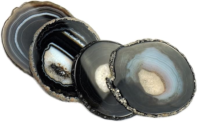 Black Agate Slices Bulk Geode Coasters Set of 4 with Rubber Bumpers - Unique 3-4 Inch Dyed Stone Drink Crystal Coasters for Home Decor, Coffee Table, Bar Accessories