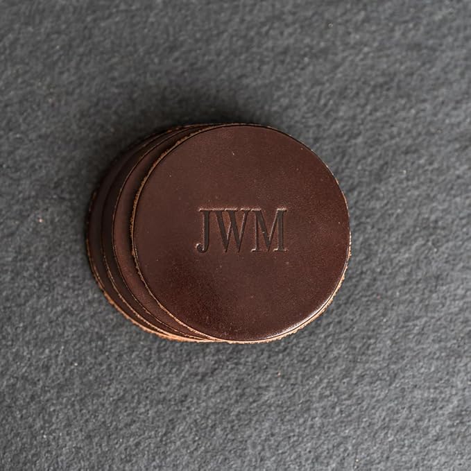 Ox & Pine Personalized Leather Coaster - Sold Individually or in Sets of 4 - Customize Inscription - 100% Full-Grain Leather – 4" Round or 4" Square (Round, Stone Natural, Set of 4 Coasters)